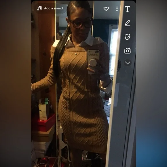 Tan and white New York and Company dress. It’s a sweater dress work shirt combo. - Picture 1 of 2